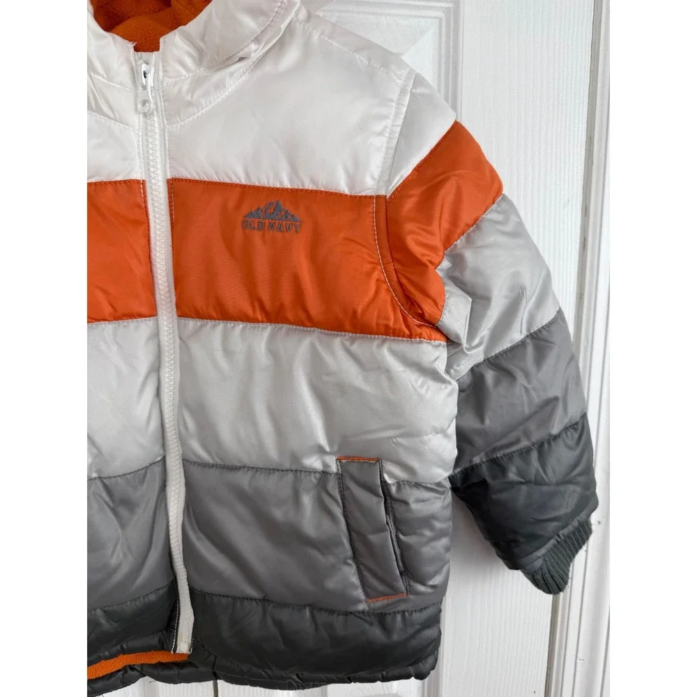 Old Navy Puffer Coat Lined White Orange Gray Color Block Hooded‎ 3T Winter